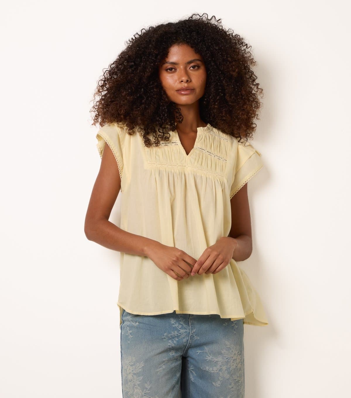 Blue Vanilla Blue Vanilla Light Yellow Cotton Ruched Top