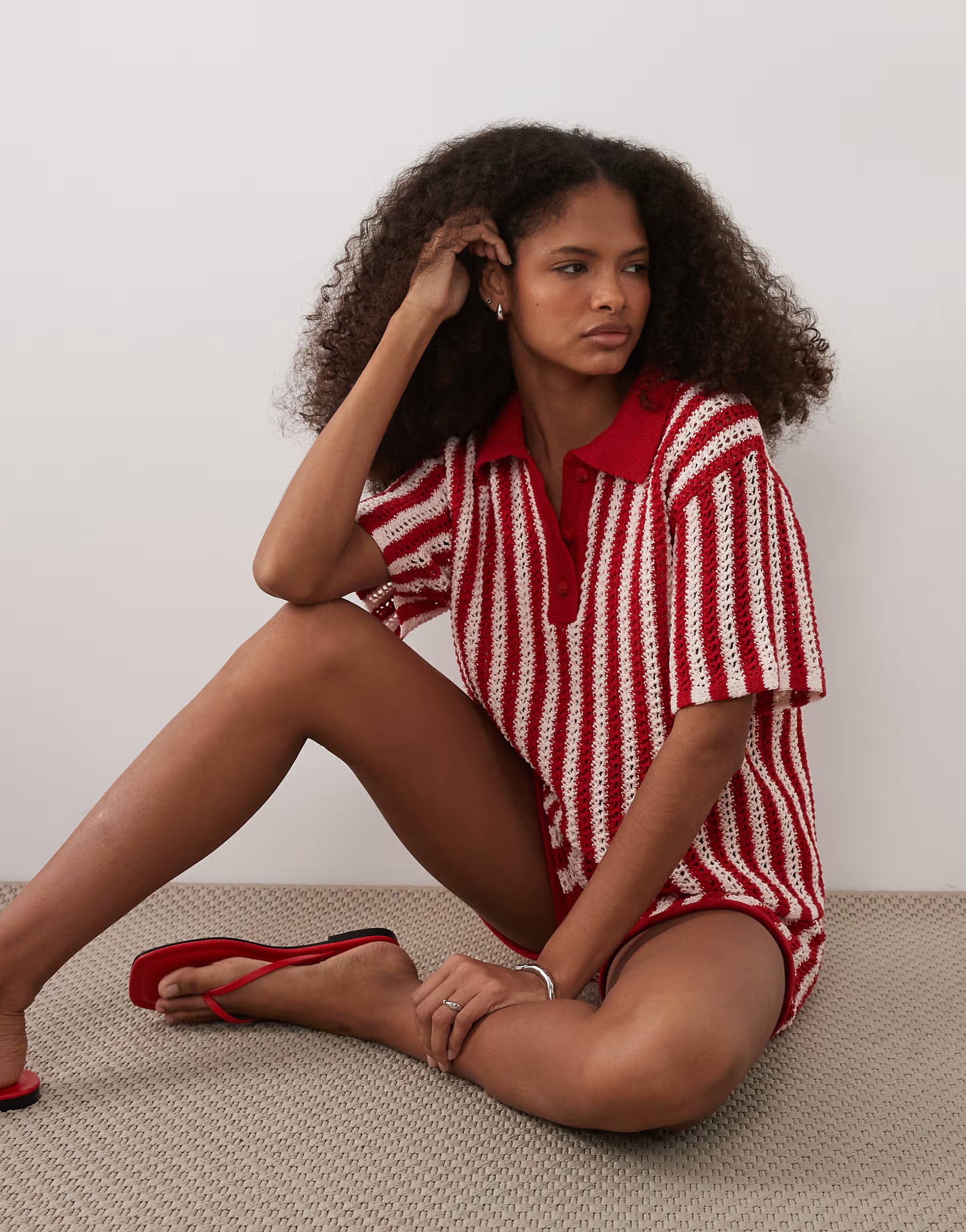 ASOS ASOS DESIGN knitted crochet polo top co-ord in red stripe - 1