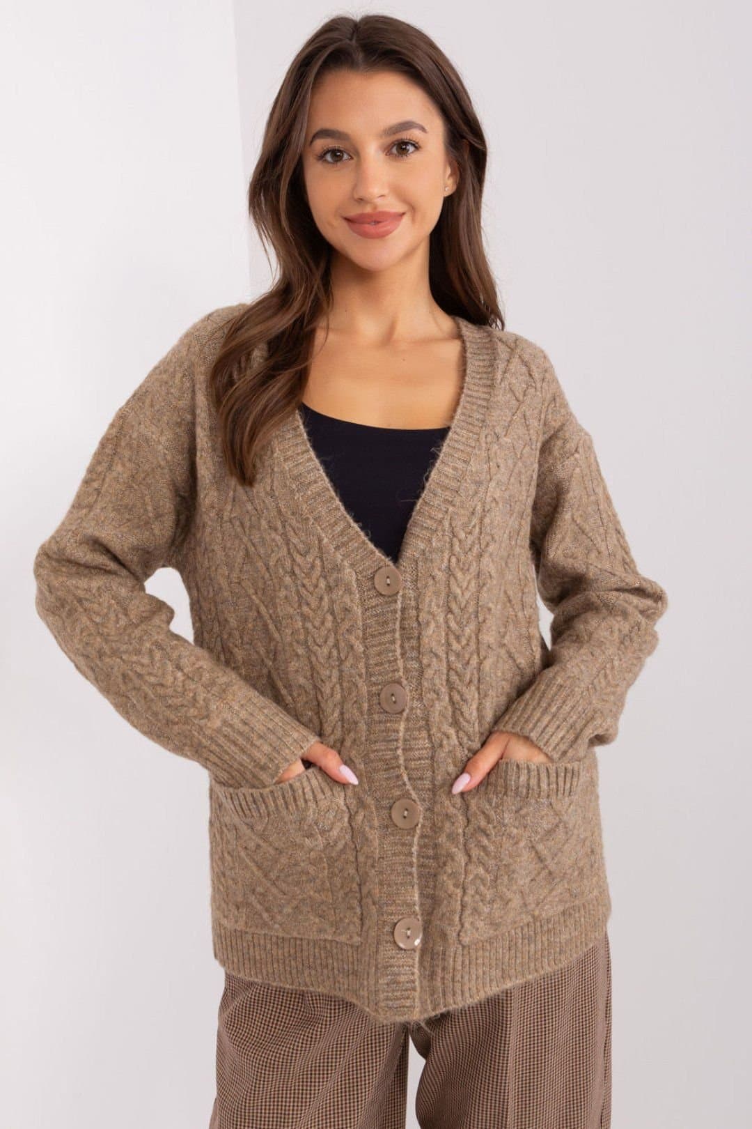 Love Lace Love Lace Women's Variegated Texture Button V Neck Cardigan in Beige
