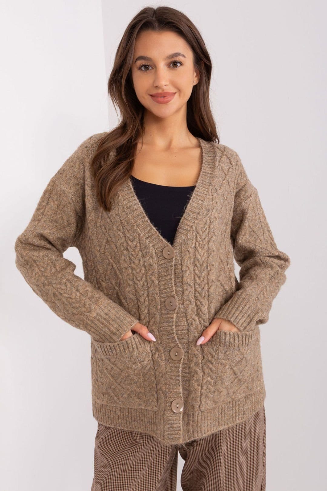Love Lace Beige Variegated Texture Button V-Neck Cardigan
