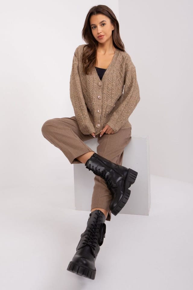 Love Lace Love Lace Women's Variegated Texture Button V Neck Cardigan in Beige - 2