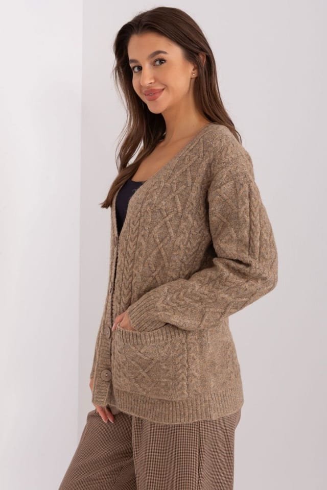 Love Lace Love Lace Women's Variegated Texture Button V Neck Cardigan in Beige - 3