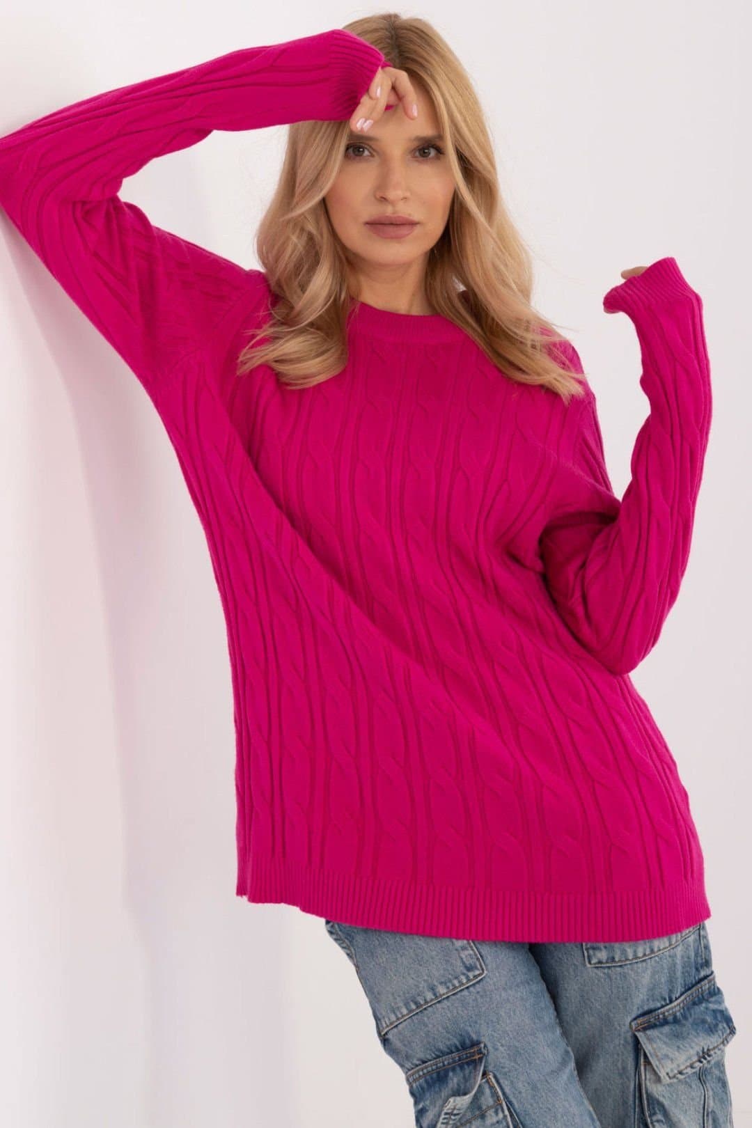 Love Lace Love Lace Women's Textured Viscose Nylon PBT Round Neck Sweater in Pink