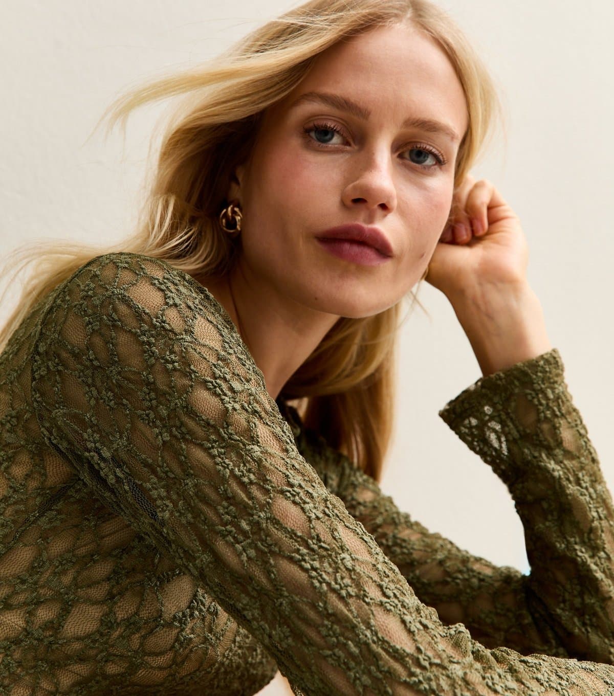 New Look Women's Khaki Lace Boat Neck Long Sleeve Top New Look