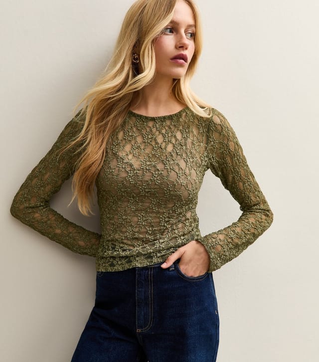 New Look Women's Khaki Lace Boat Neck Long Sleeve Top New Look - 2