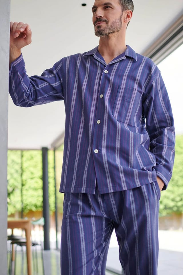British Boxers British Boxers Men's "Banbury Navy" Stripe Brushed Cotton Pyjama Set in Dark Blue - 2