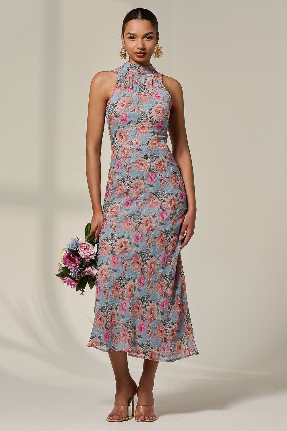 Jolie Moi Jolie Moi Women's Chiffon Halterneck Printed Midaxi Dress in Light Blue