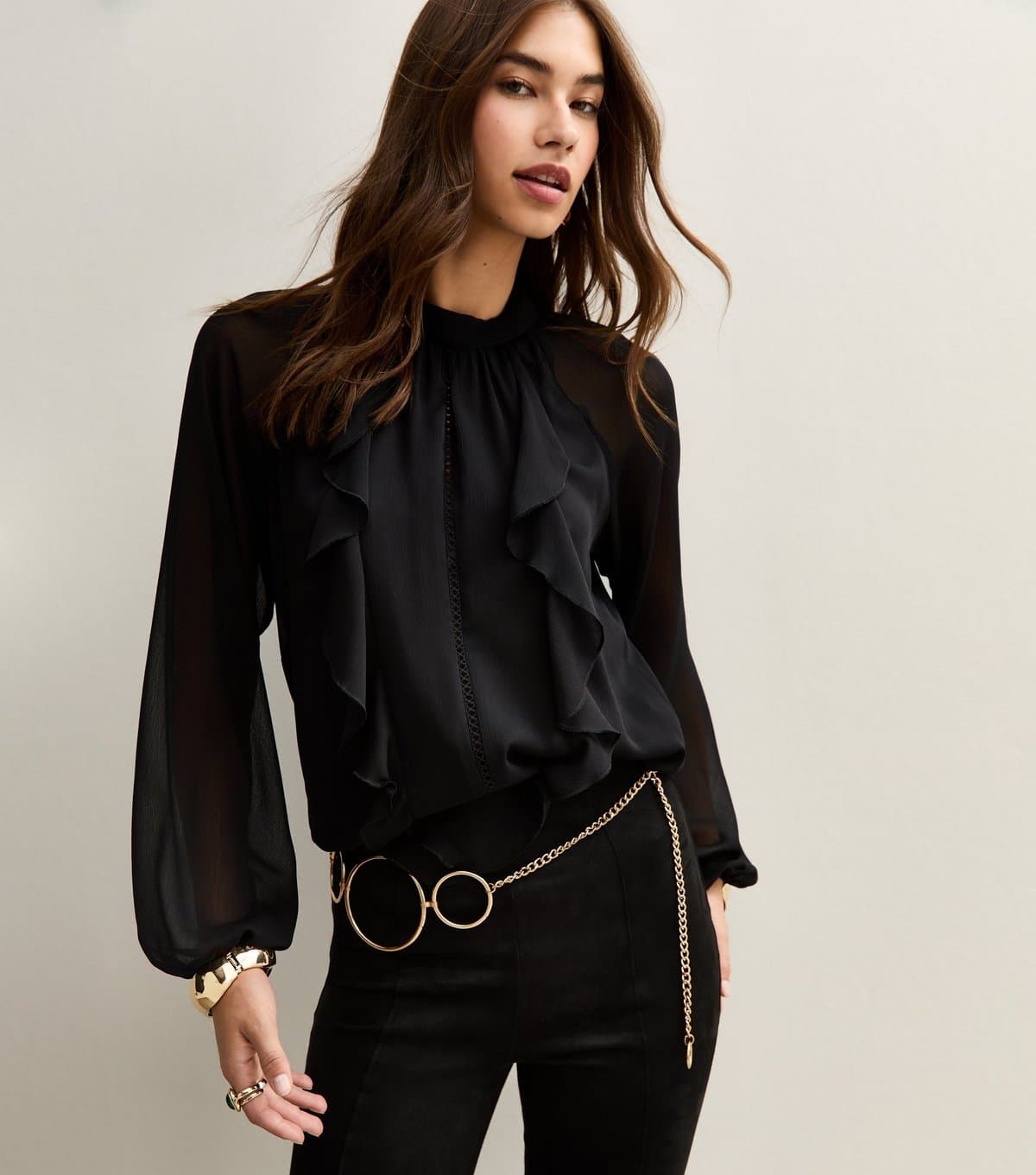 New Look Women's Black Lace Insert Ruffle Trimmed Blouse New Look