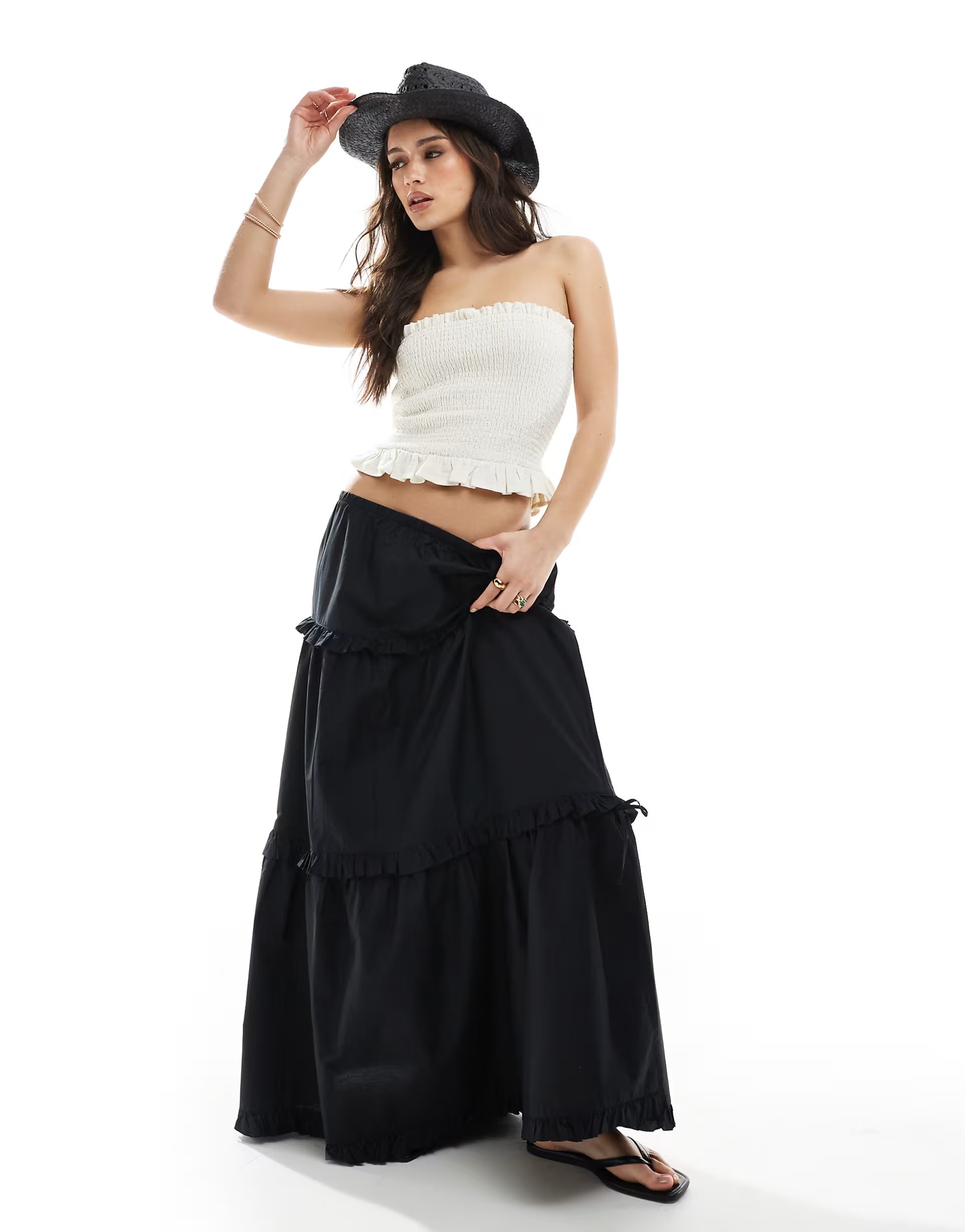 ASOS Monki tiered maxi skirt with ruffle detail in black - 1