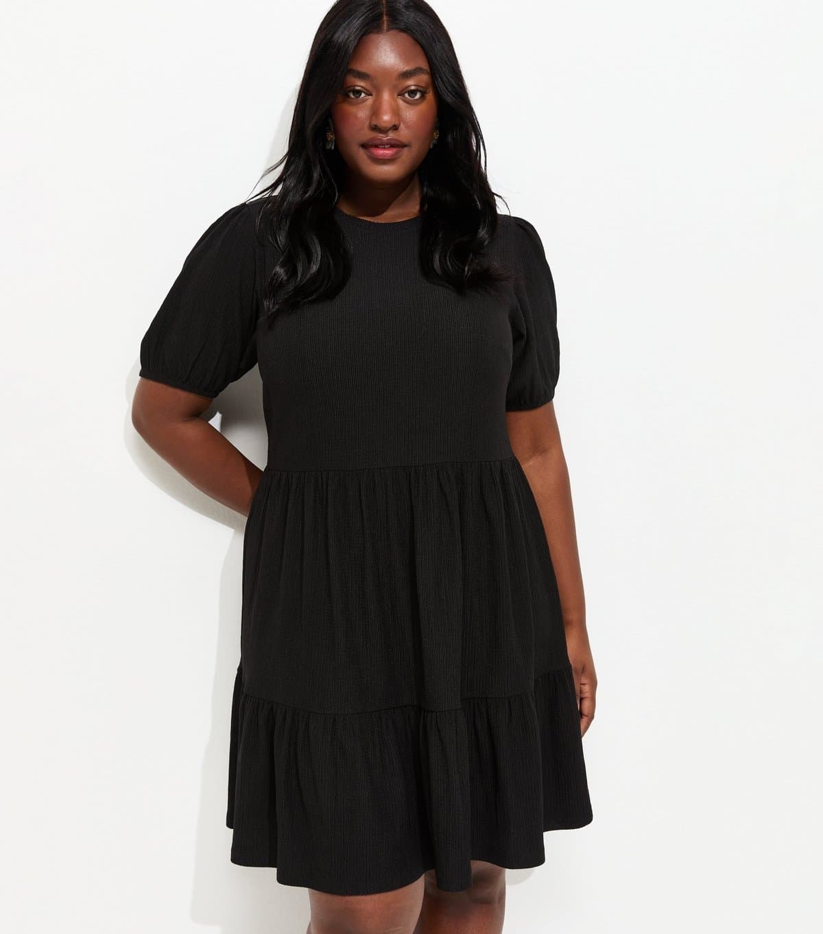 New Look Women's Plus Size Black Crinkle Texture Tiered Smock Mini Dress Curves New Look