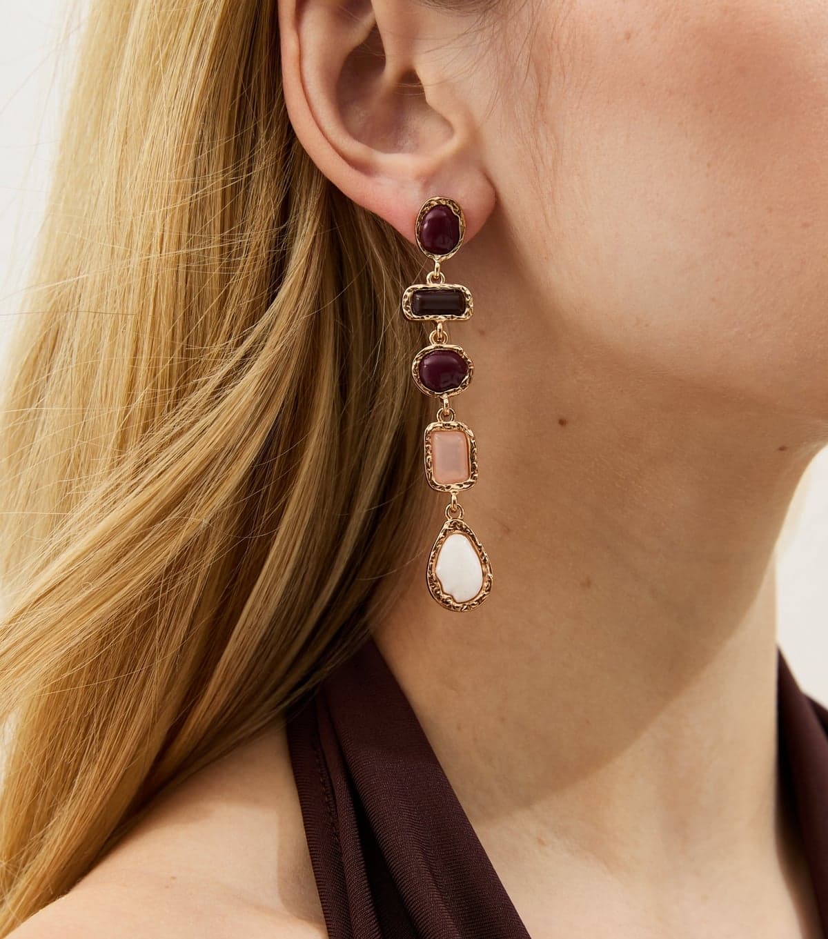 New Look New Look Gold Tone Burgundy Enamel Drop Stud Earrings