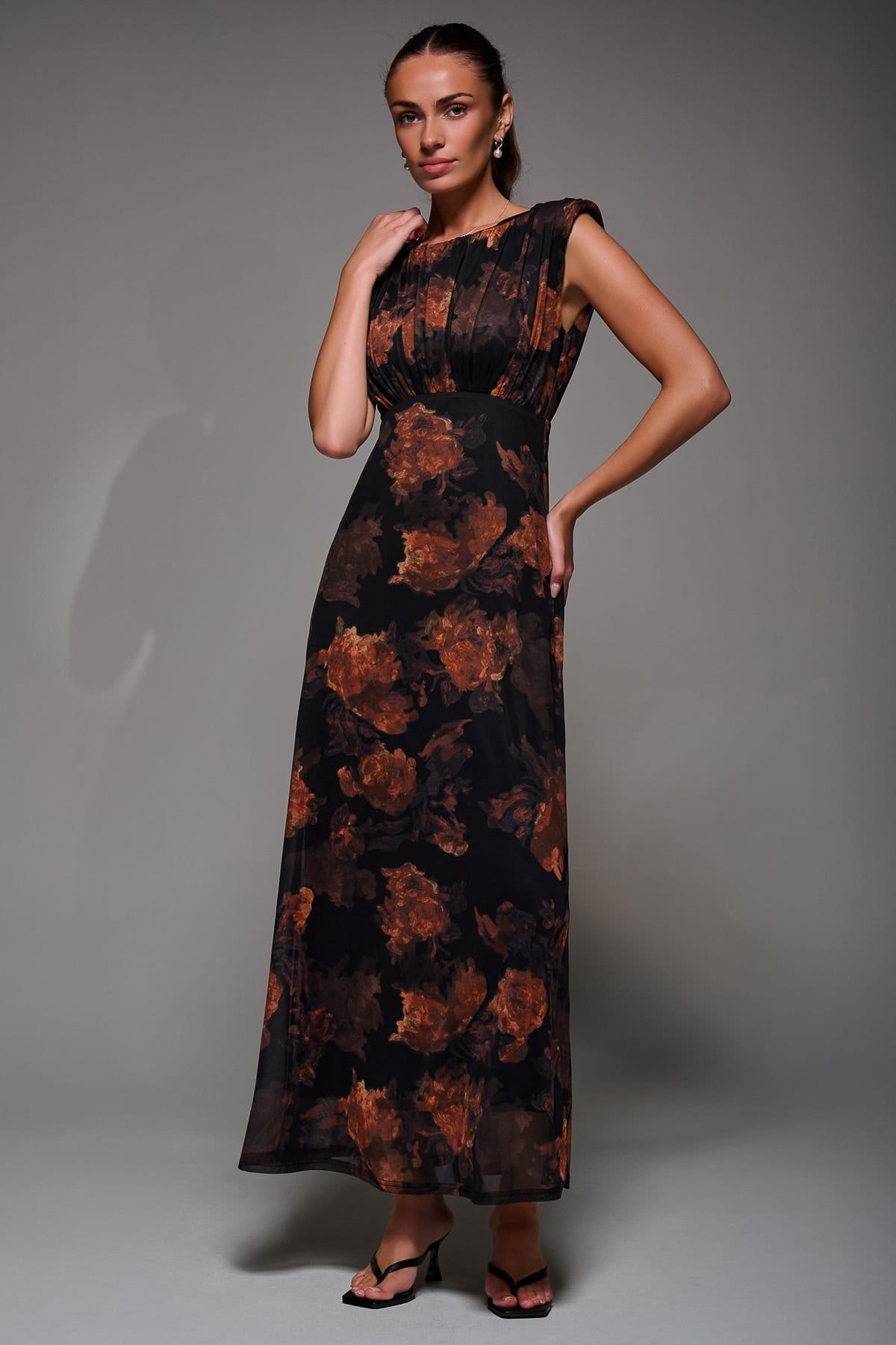 Jolie Moi Jolie Moi Women's Slash Neck Fit & Flare Mesh Maxi Dress in Black - 4