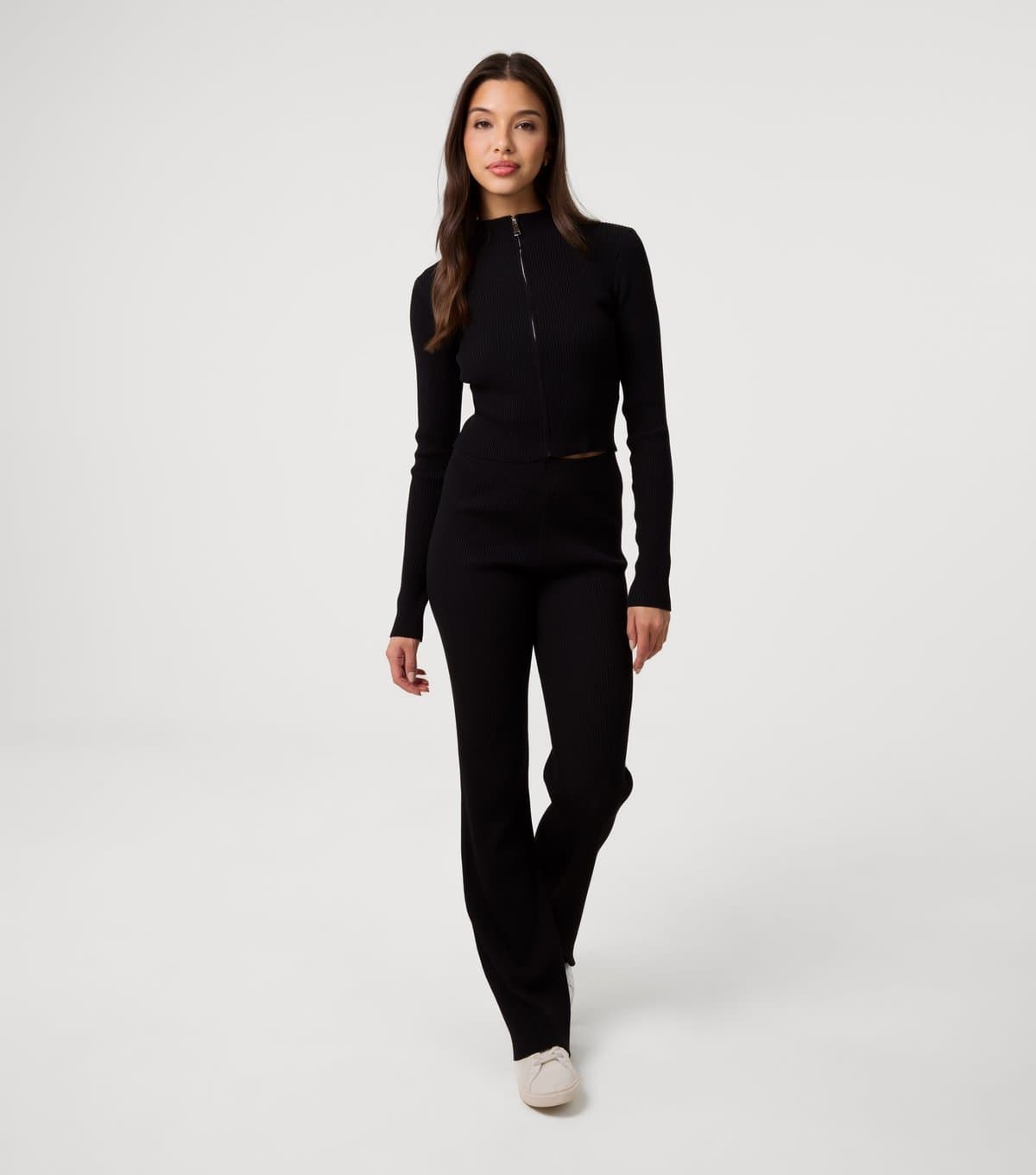 Pink Vanilla Women's Black Ribbed Zip Up Top and Flared Trousers Set Pink Vanilla New Look