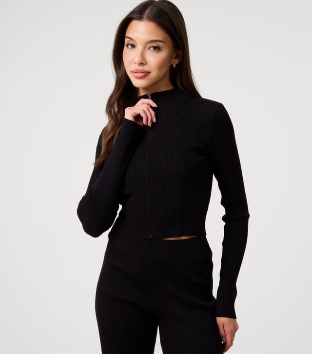 Pink Vanilla Women's Black Ribbed Zip Up Top and Flared Trousers Set Pink Vanilla New Look - 2