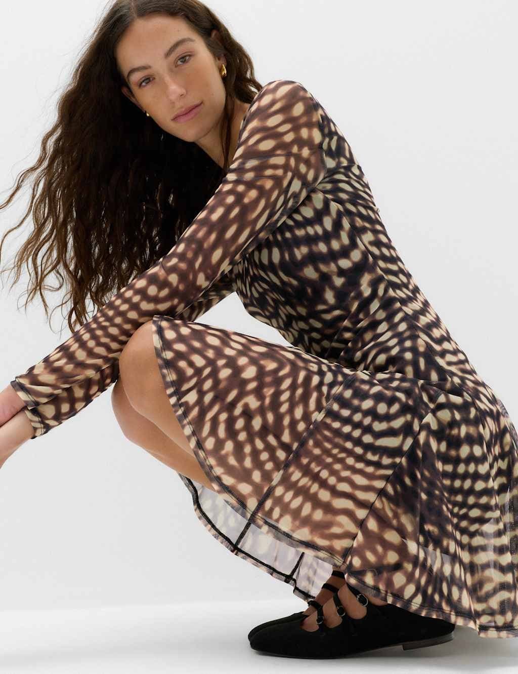 Marks & Spencer M&S Mesh Animal Print Mini Skater Dress Brown Mix