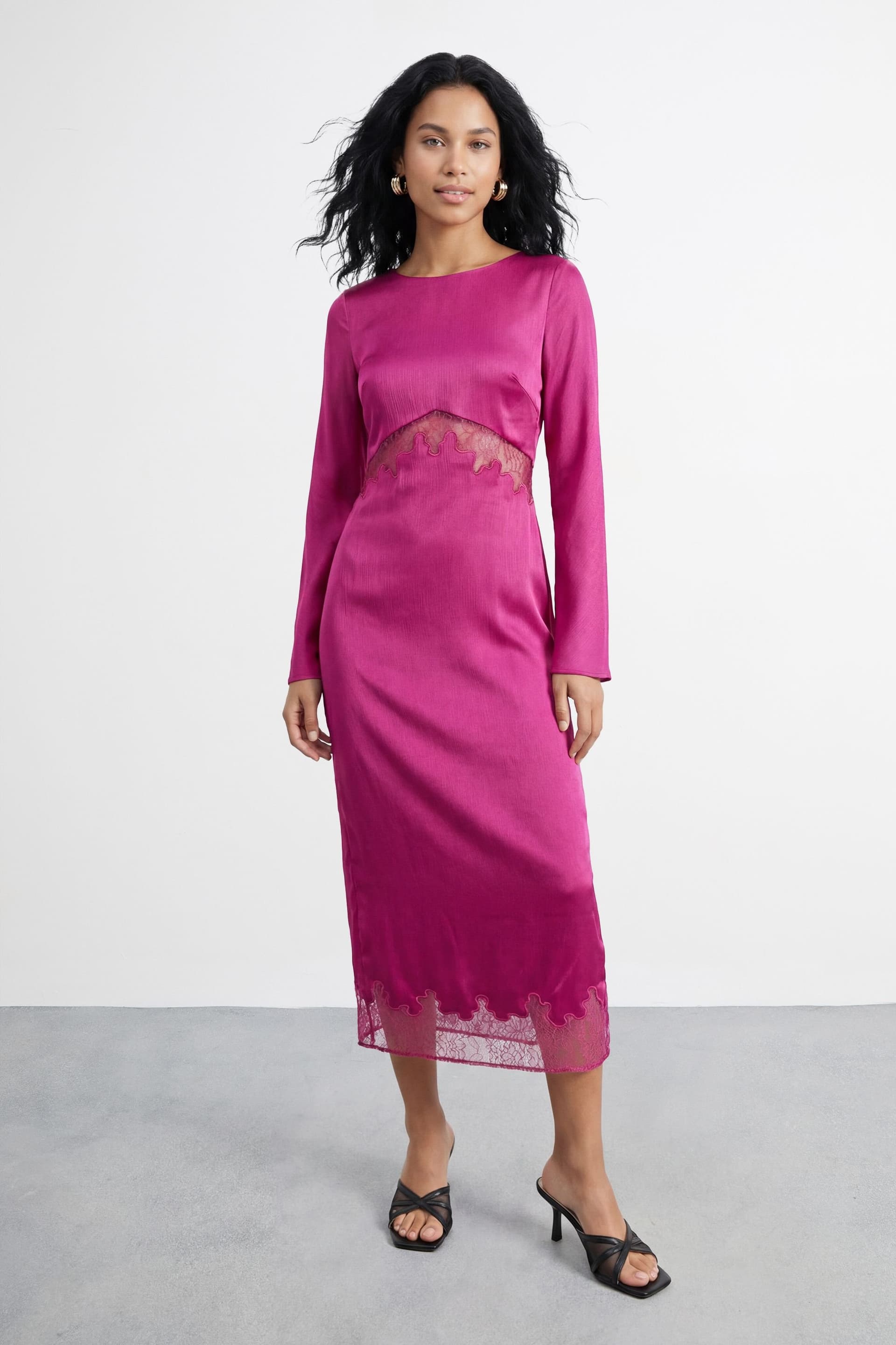 Warehouse Warehouse Women's Fluted Sleeve Satin Lace Insert Midi Dress in Pink
