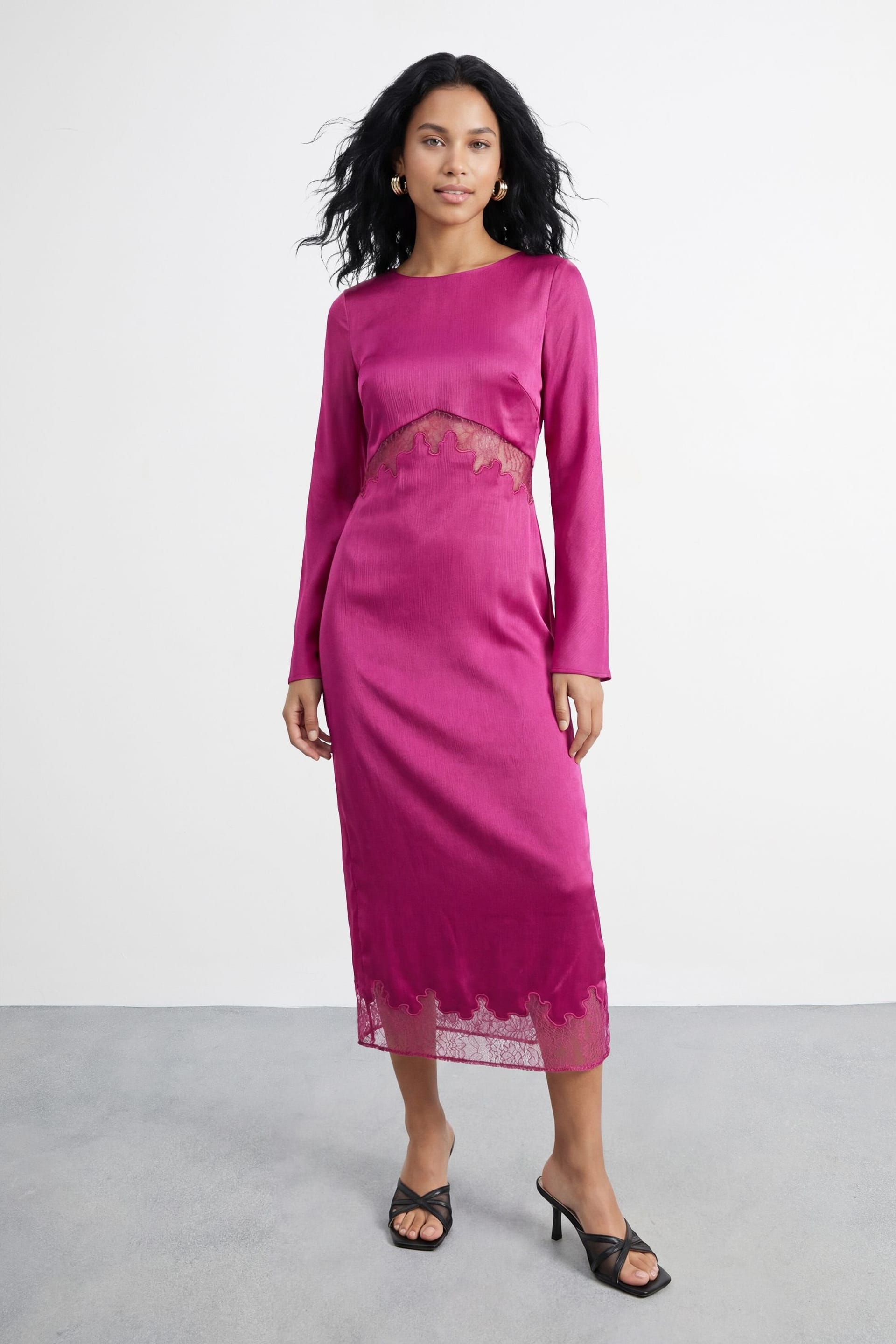 Warehouse Pink Satin Lace Midi Dress