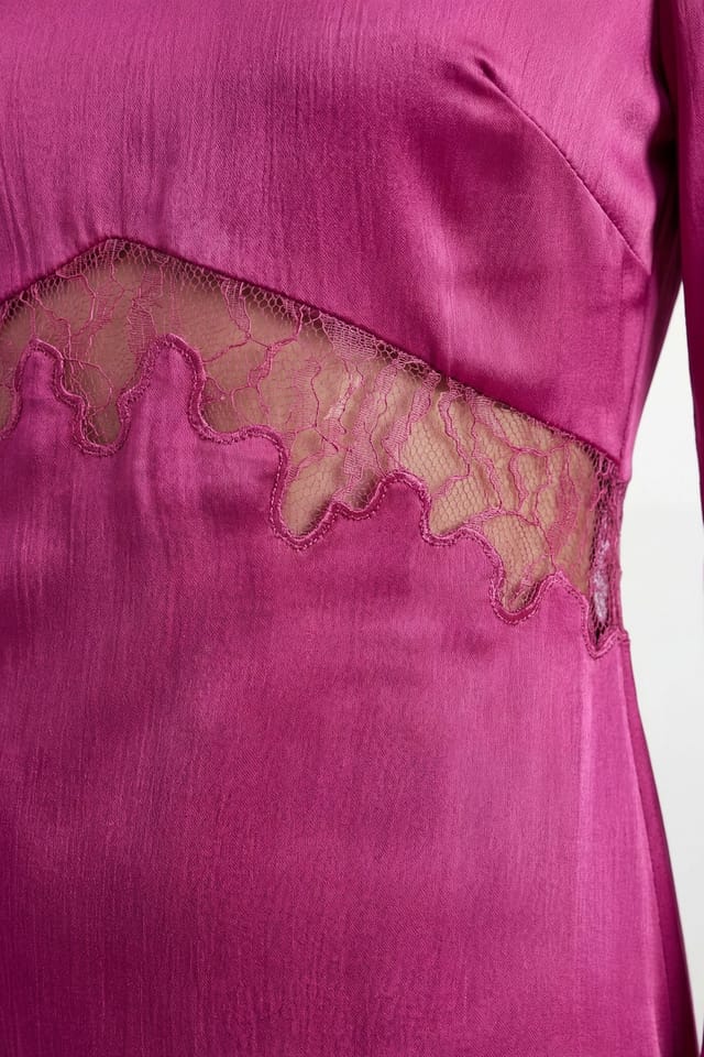 Warehouse Warehouse Women's Fluted Sleeve Satin Lace Insert Midi Dress in Pink - 2