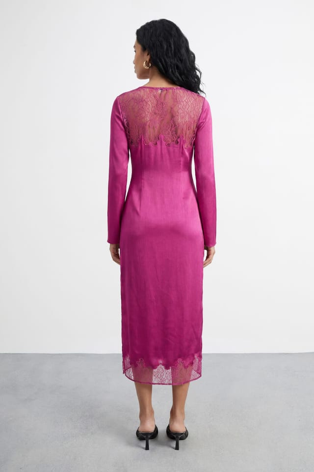 Warehouse Warehouse Women's Fluted Sleeve Satin Lace Insert Midi Dress in Pink - 3