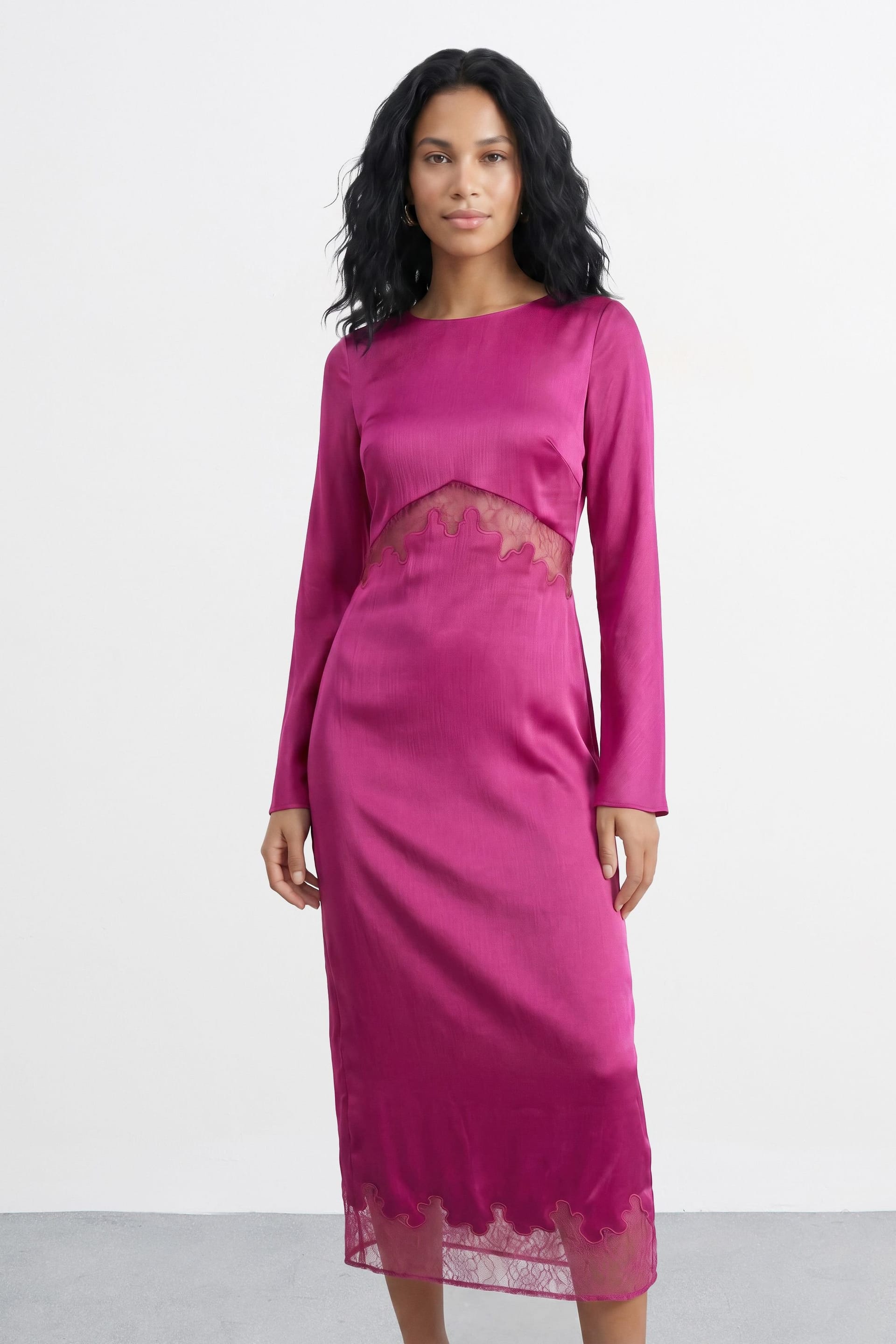 Warehouse Warehouse Women's Fluted Sleeve Satin Lace Insert Midi Dress in Pink - 4