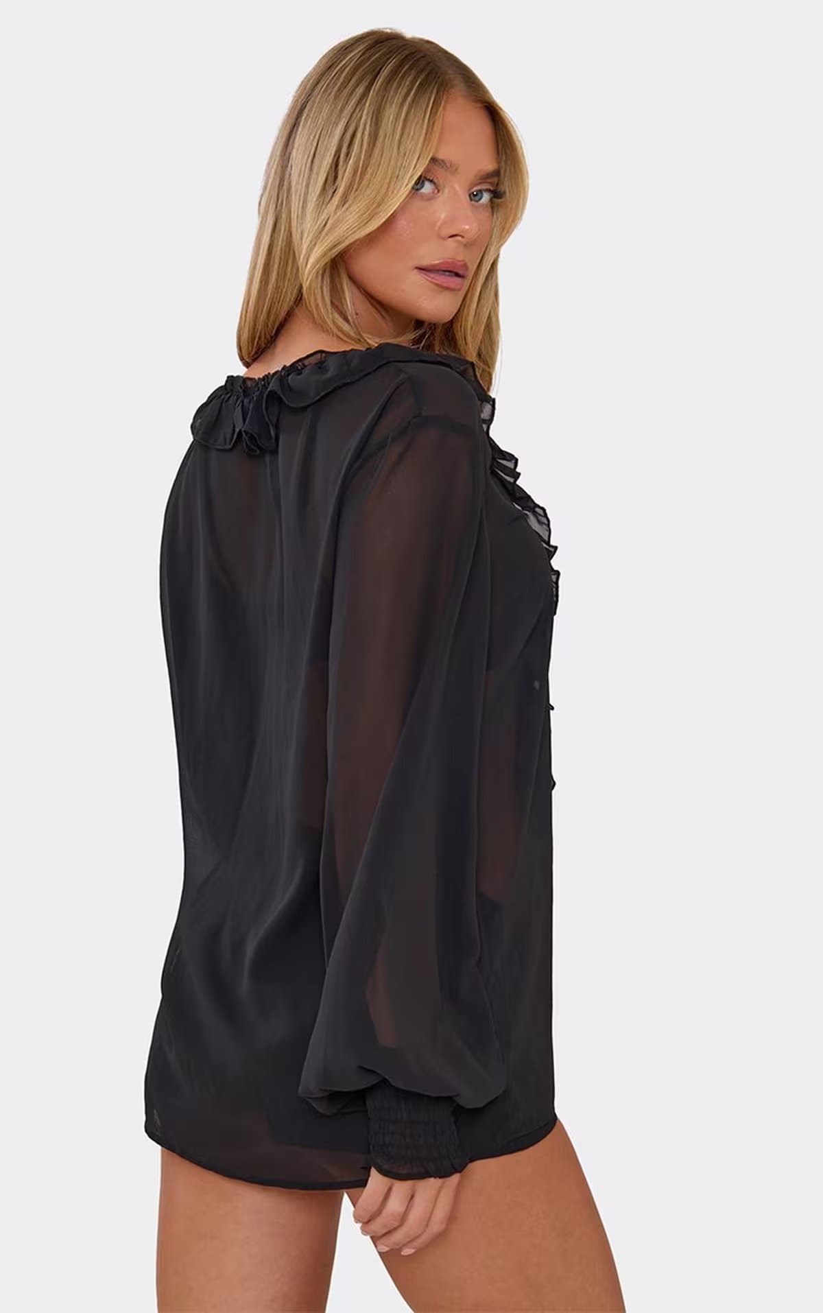 EGO Long Balloon Sleeve Frilled Detail Tie Front Top In Black, Women's Size UK 6