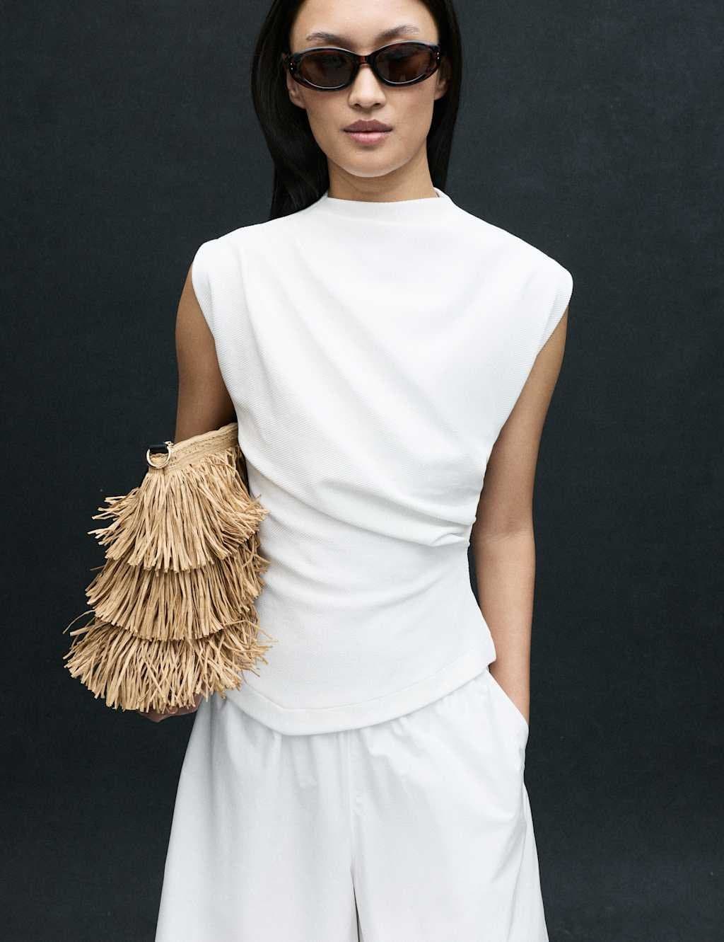 Marks & Spencer M&S Soft White Cotton-Rich Ribbed Drape Top