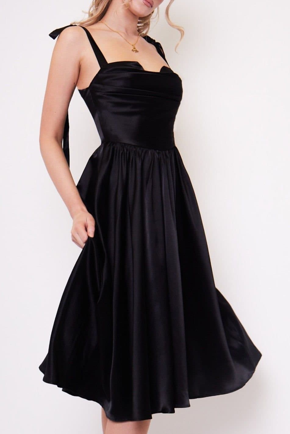 Jaded Rose Jaded Rose Women's Amor Black Cowl Bow Strap Satin Midi Tea Dress