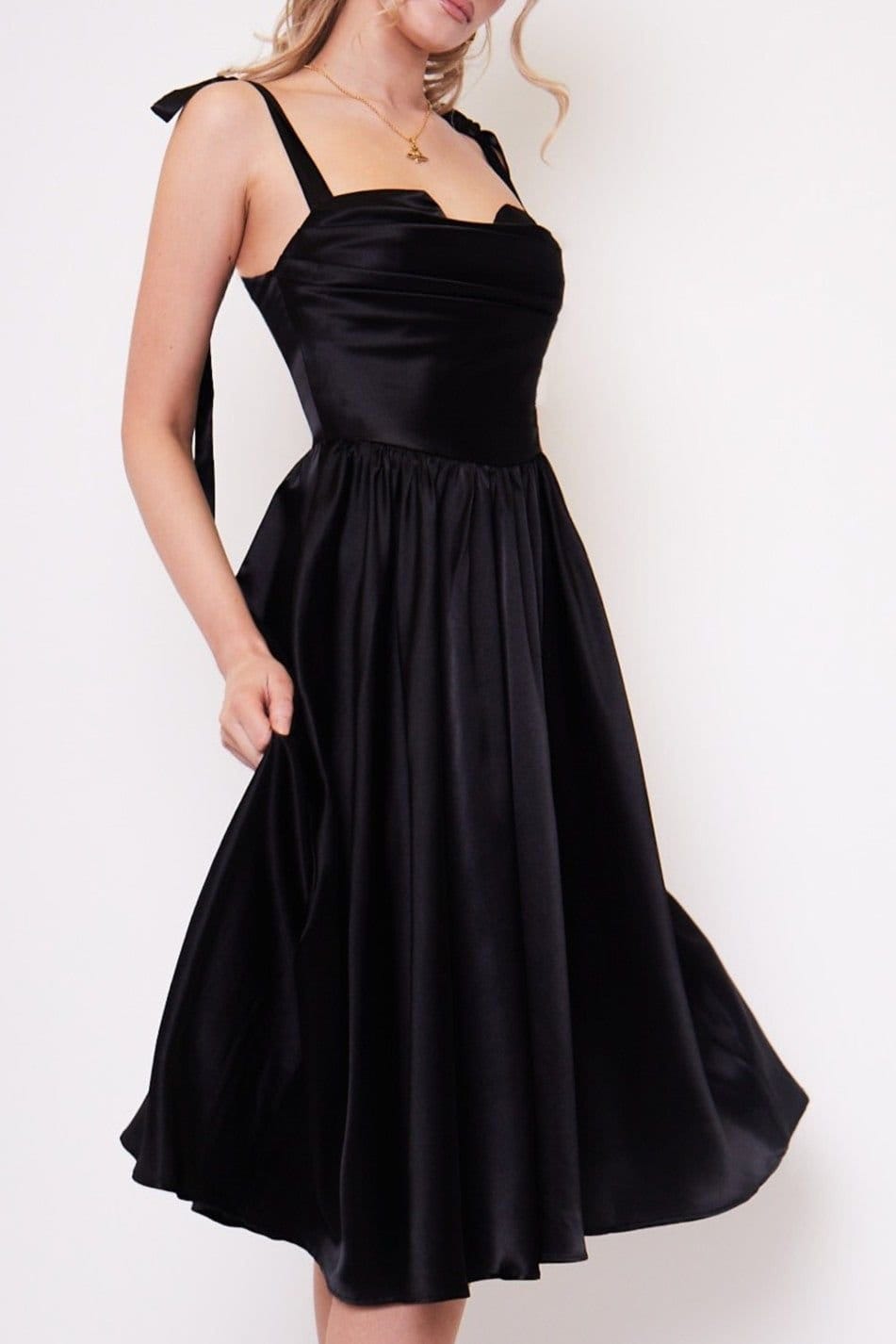 Jaded Rose Jaded Rose Women's Amor Black Cowl Bow Strap Satin Midi Tea Dress - 1