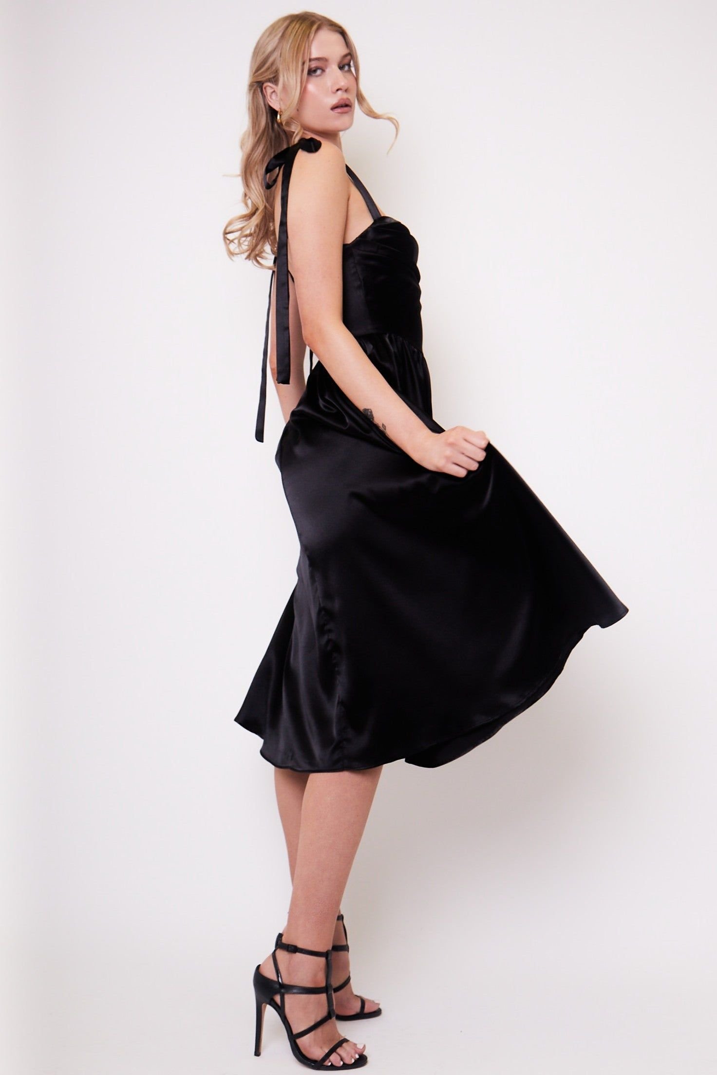 Jaded Rose Jaded Rose Women's Amor Black Cowl Bow Strap Satin Midi Tea Dress - 2