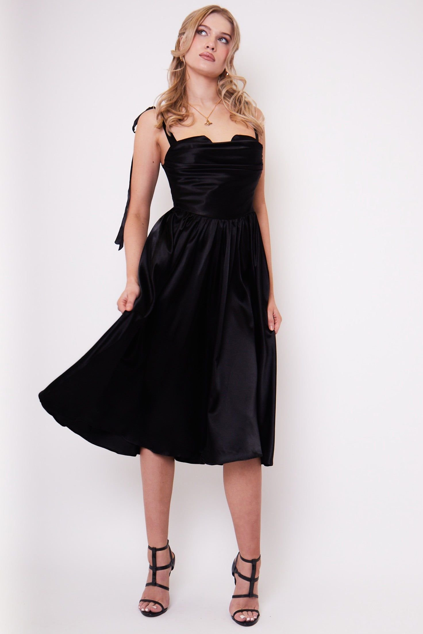 Jaded Rose Jaded Rose Women's Amor Black Cowl Bow Strap Satin Midi Tea Dress - 3