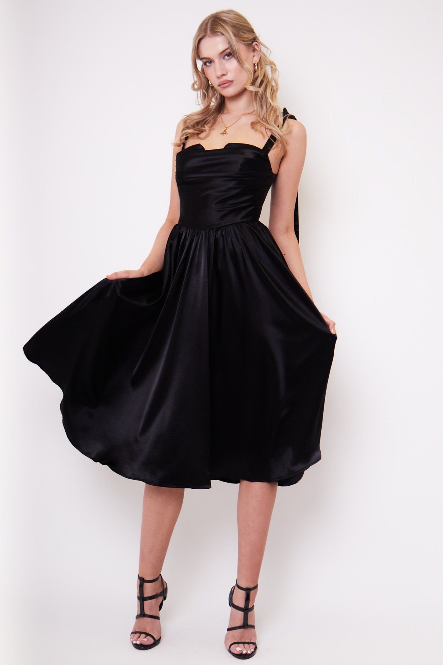 Jaded Rose Jaded Rose Women's Amor Black Cowl Bow Strap Satin Midi Tea Dress - 4