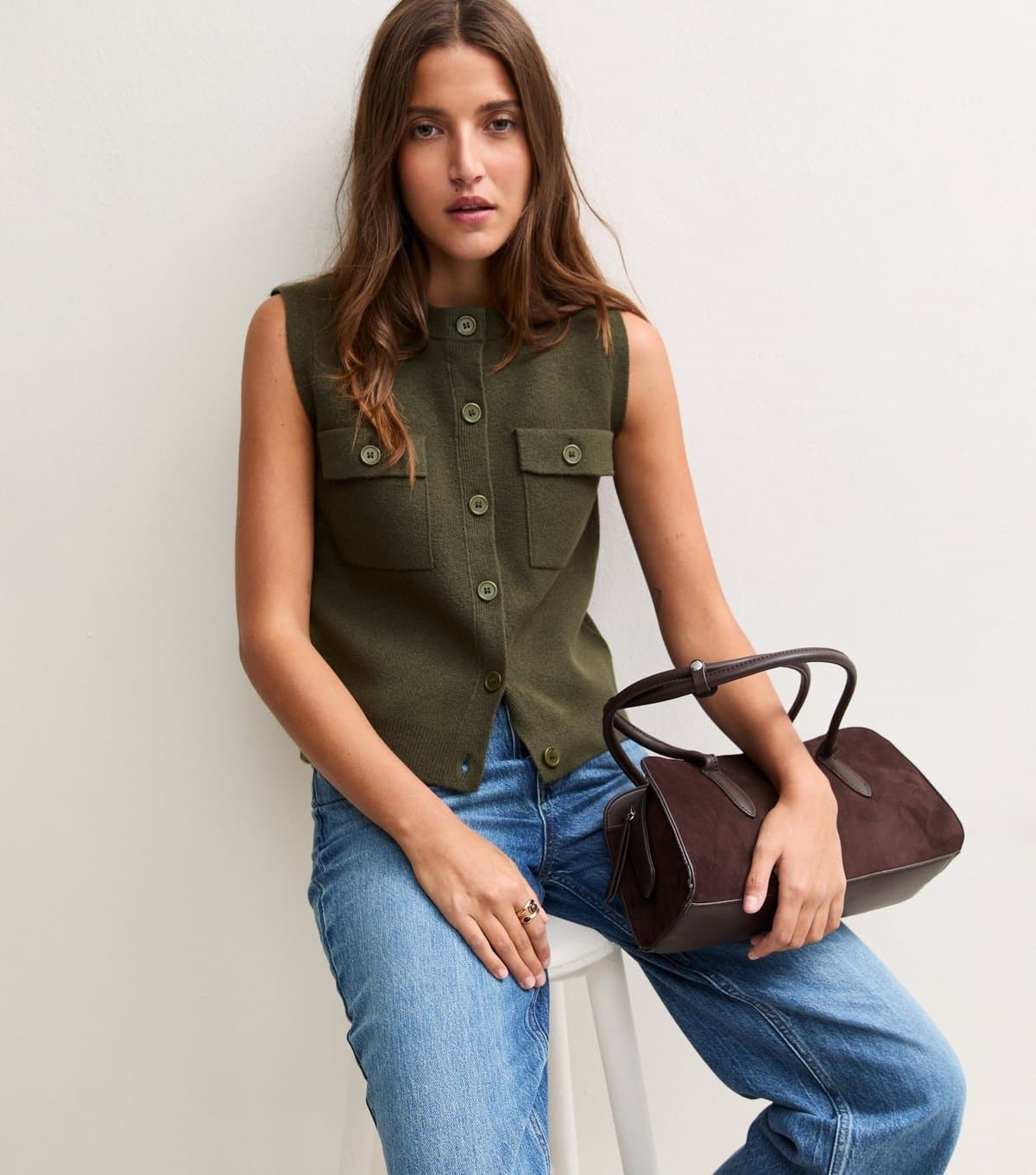 New Look Women's Dark Khaki Patch Pocket Knitted Waistcoat New Look