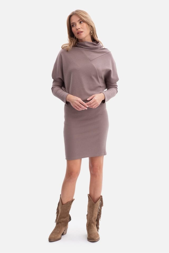 Love Lace Love Lace Women's Ribbed Mini Shift Dress with Stand Collar in Brown - 2