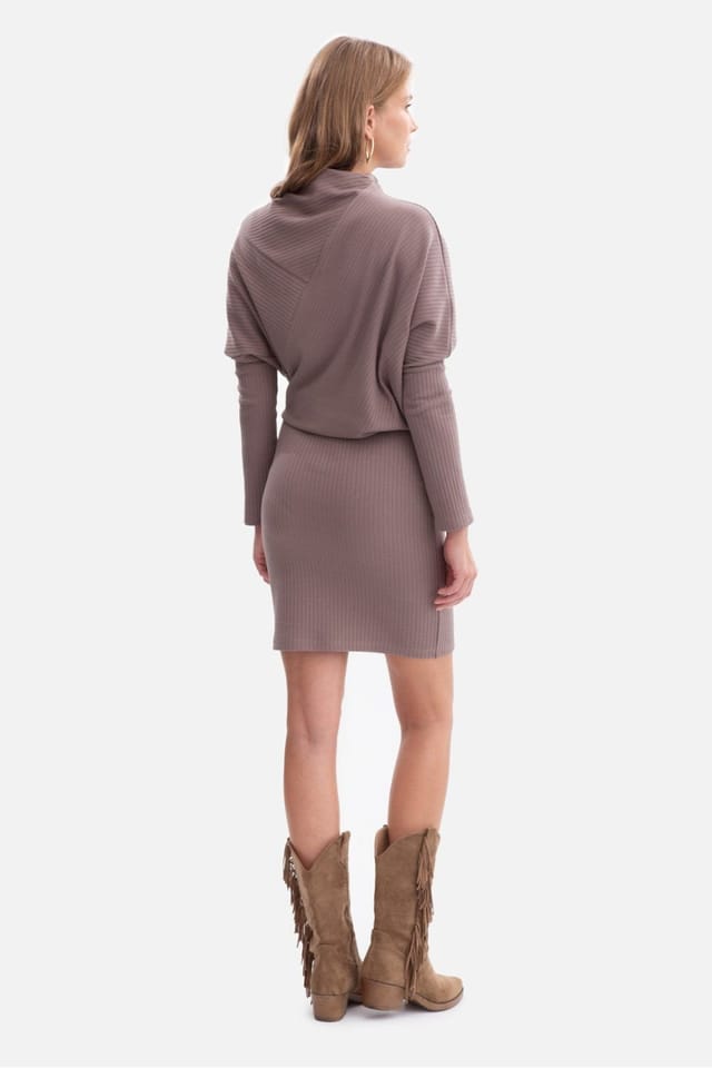Love Lace Love Lace Women's Ribbed Mini Shift Dress with Stand Collar in Brown - 3