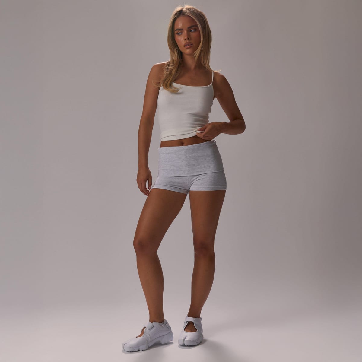 EGO Low Rise Fold Over Hot Pants In Light Grey Marl, Women's Size UK 6 - 1
