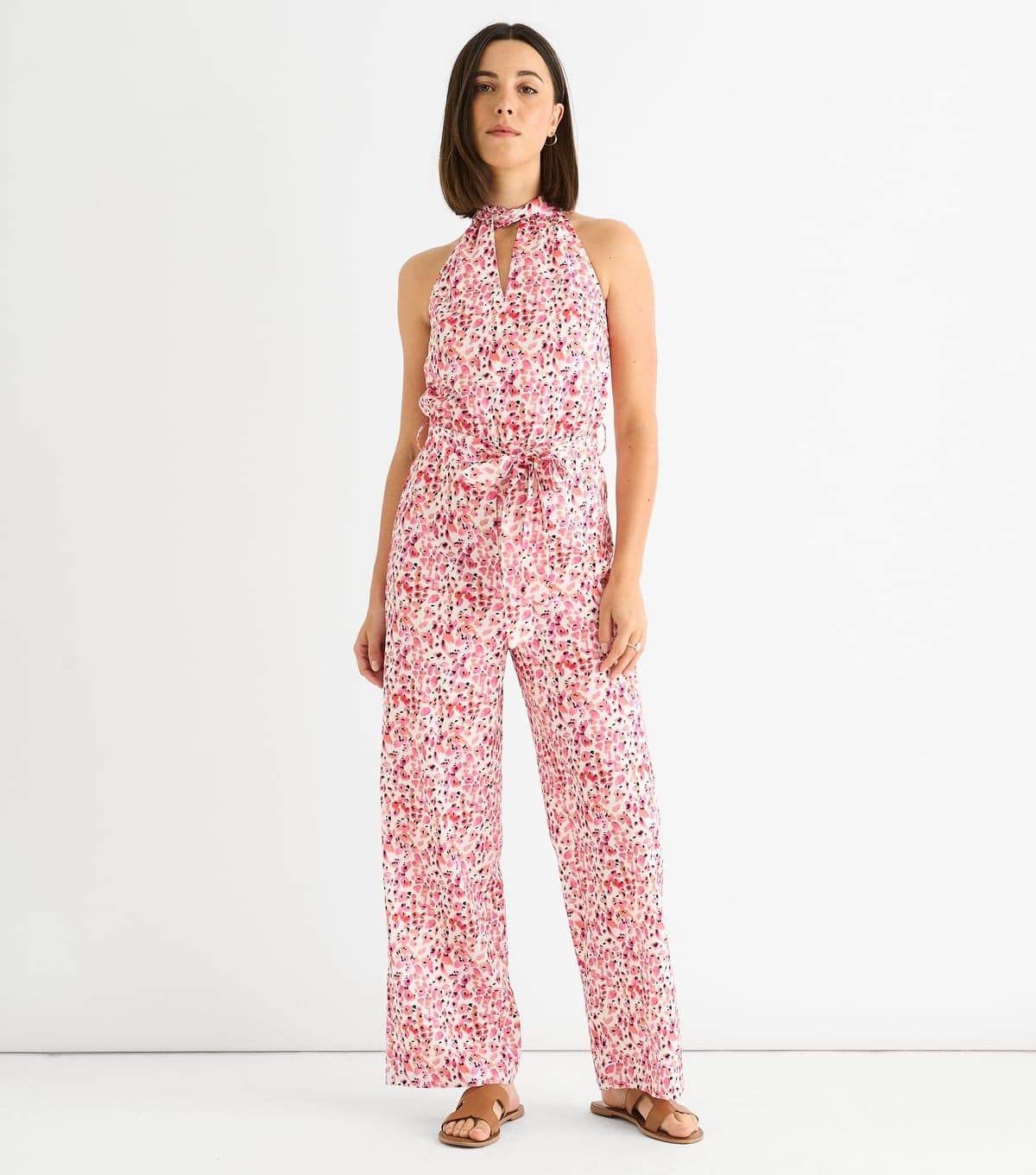 Gini London Women's Pink Halter Neck Keyhole Wide Leg Jumpsuit Gini London New Look