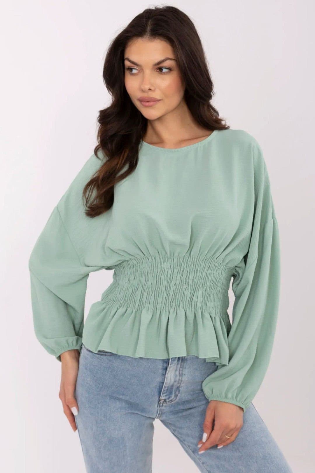 Love Lace Love Lace Women's Short Ruffled Ruching Blouse with Puff Sleeves in Green