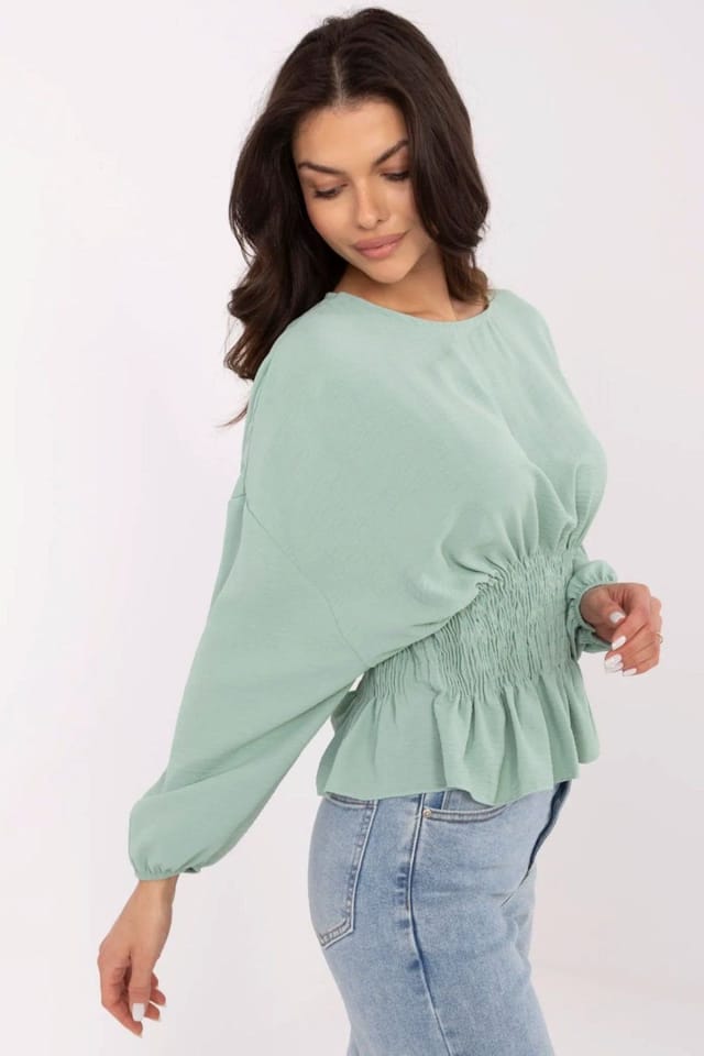 Love Lace Love Lace Women's Short Ruffled Ruching Blouse with Puff Sleeves in Green - 2