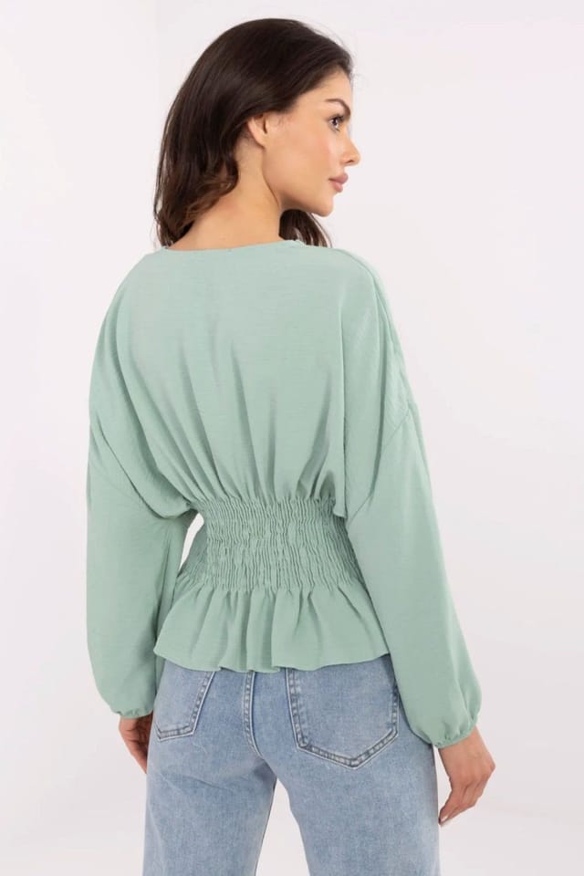 Love Lace Love Lace Women's Short Ruffled Ruching Blouse with Puff Sleeves in Green - 3