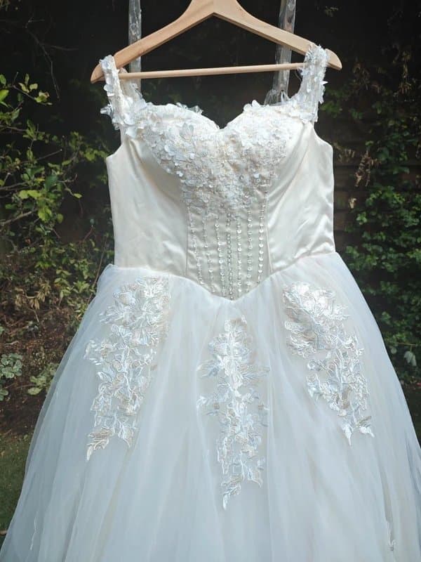 One Luxury Couture Handcrafted Lace & Beaded Ball Gown Wedding Dress | Corset Back | Ivory | UK 10–14