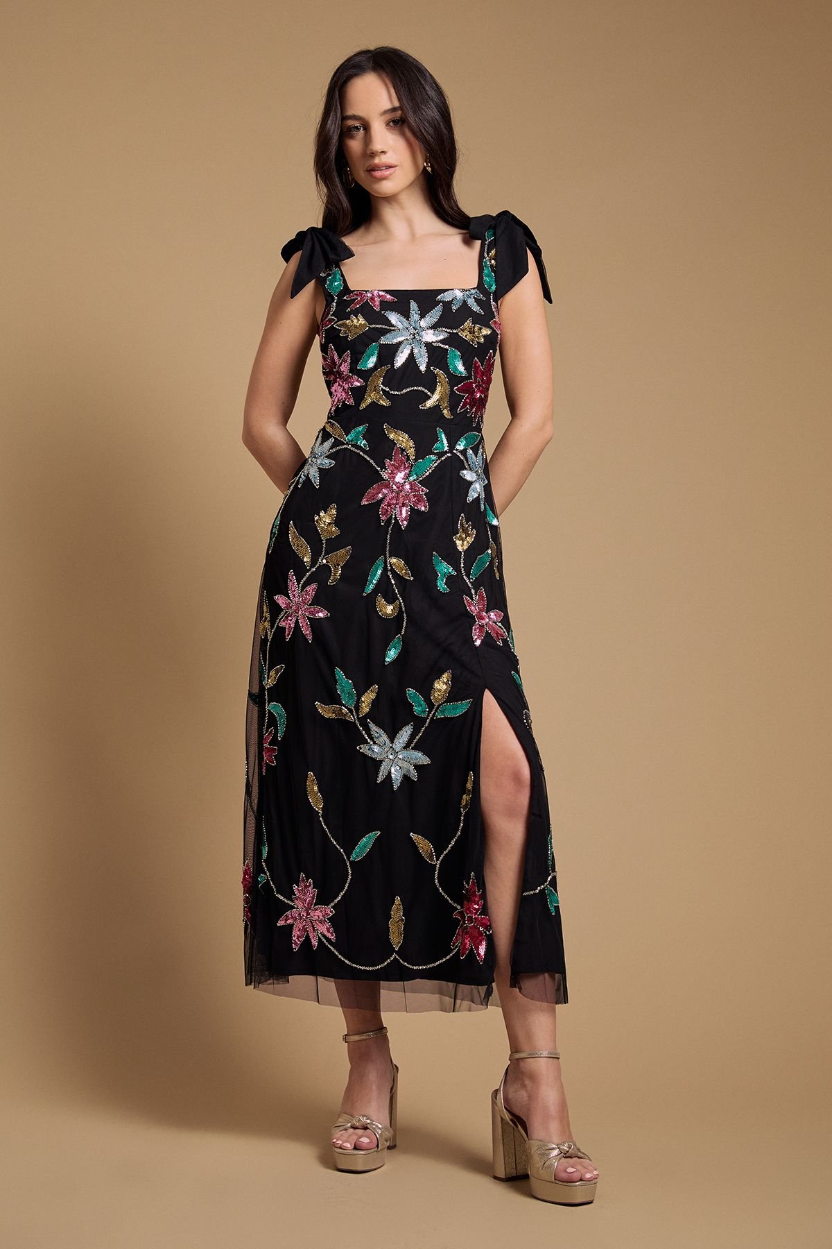 Oasis Oasis Women's Floral Embellished Split Midi Dress in Black - 4