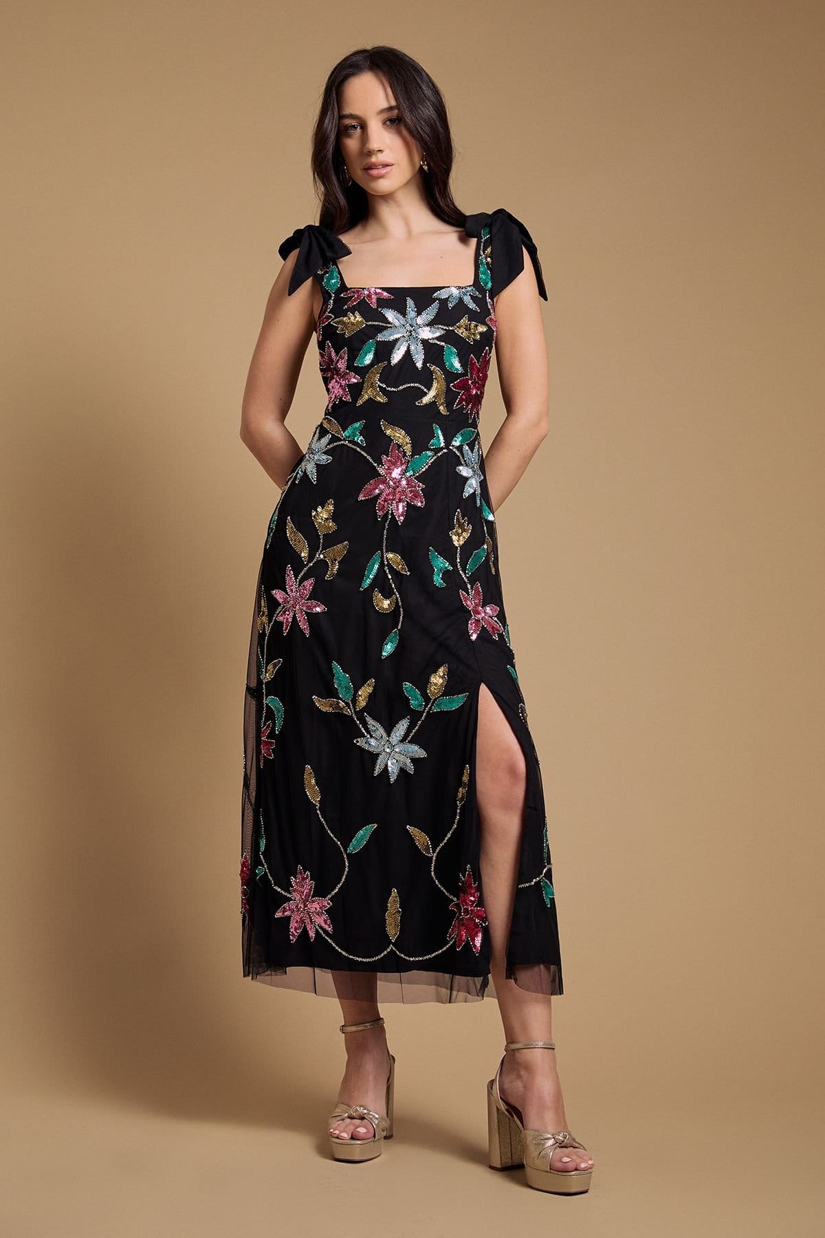 Oasis Oasis Women's Floral Embellished Split Midi Dress in Black - 4