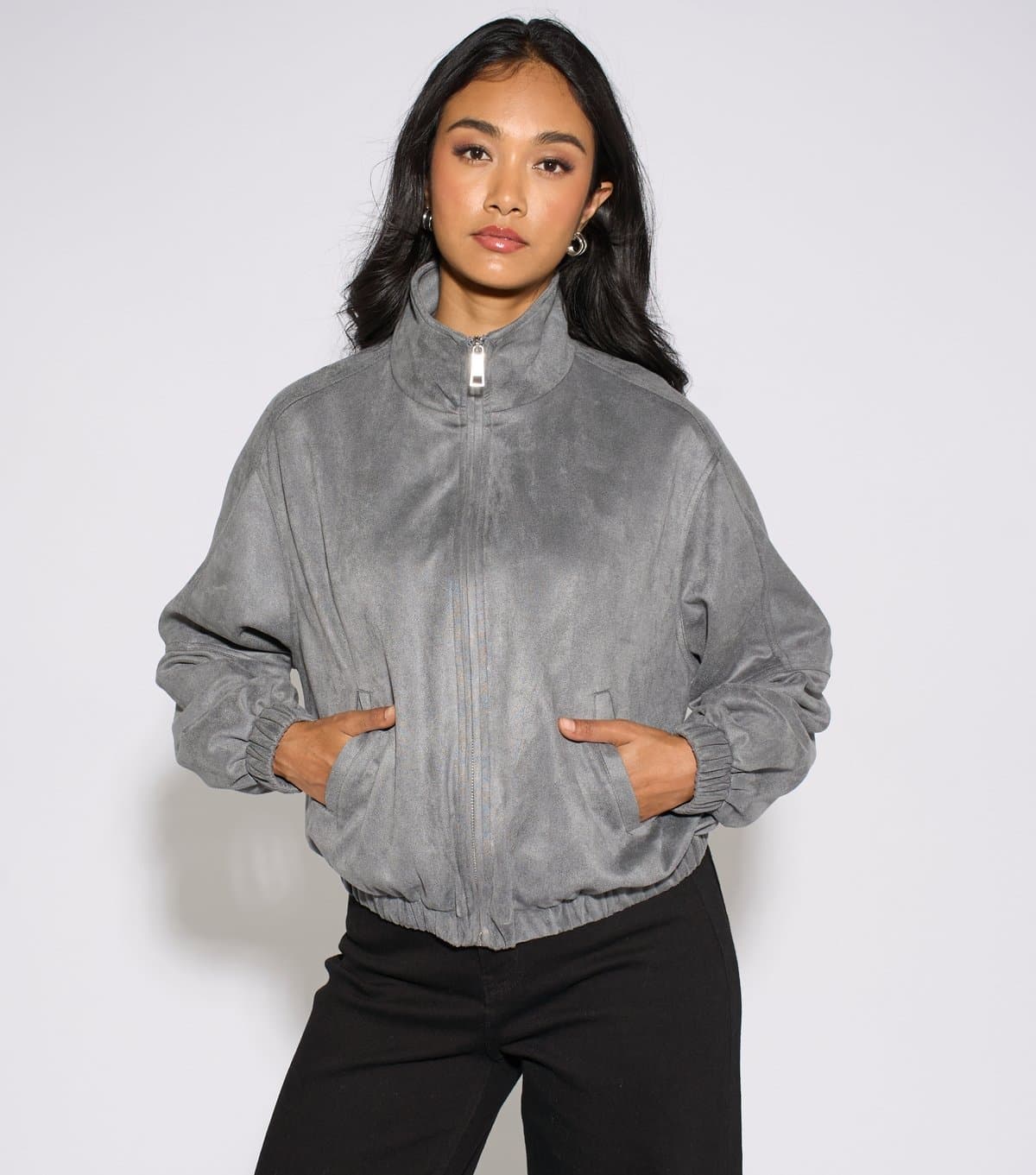 Gini London Women's Dark Grey Faux Suede Bomber Jacket Gini London New Look