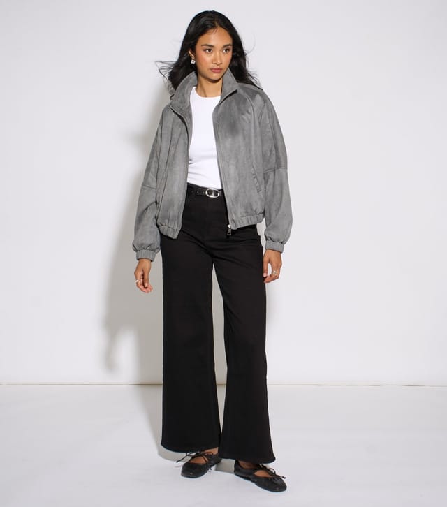 Gini London Women's Dark Grey Faux Suede Bomber Jacket Gini London New Look - 2