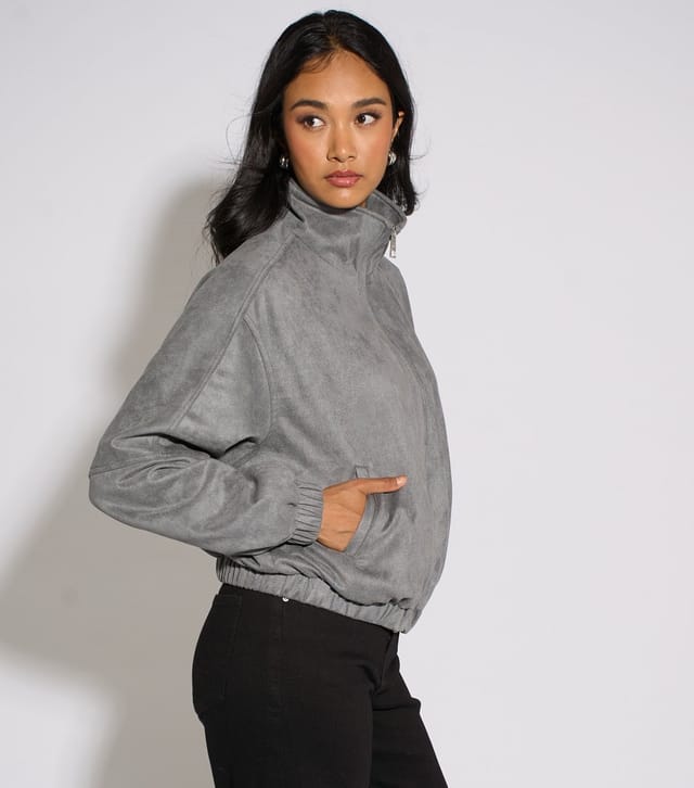 Gini London Women's Dark Grey Faux Suede Bomber Jacket Gini London New Look - 3