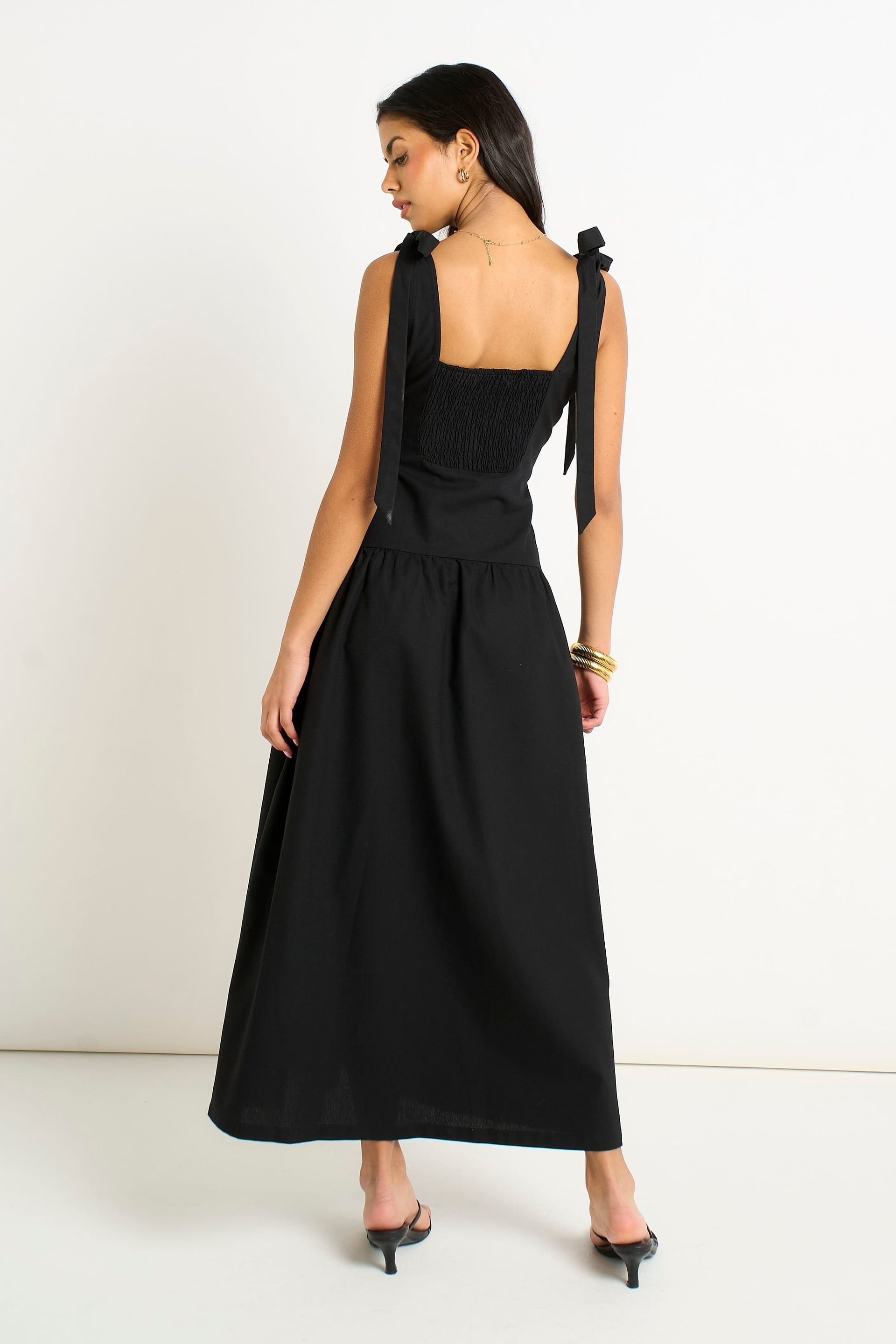 Gini London Gini London Women's Black Linen Mix Drop Waist Midi Dress - 4