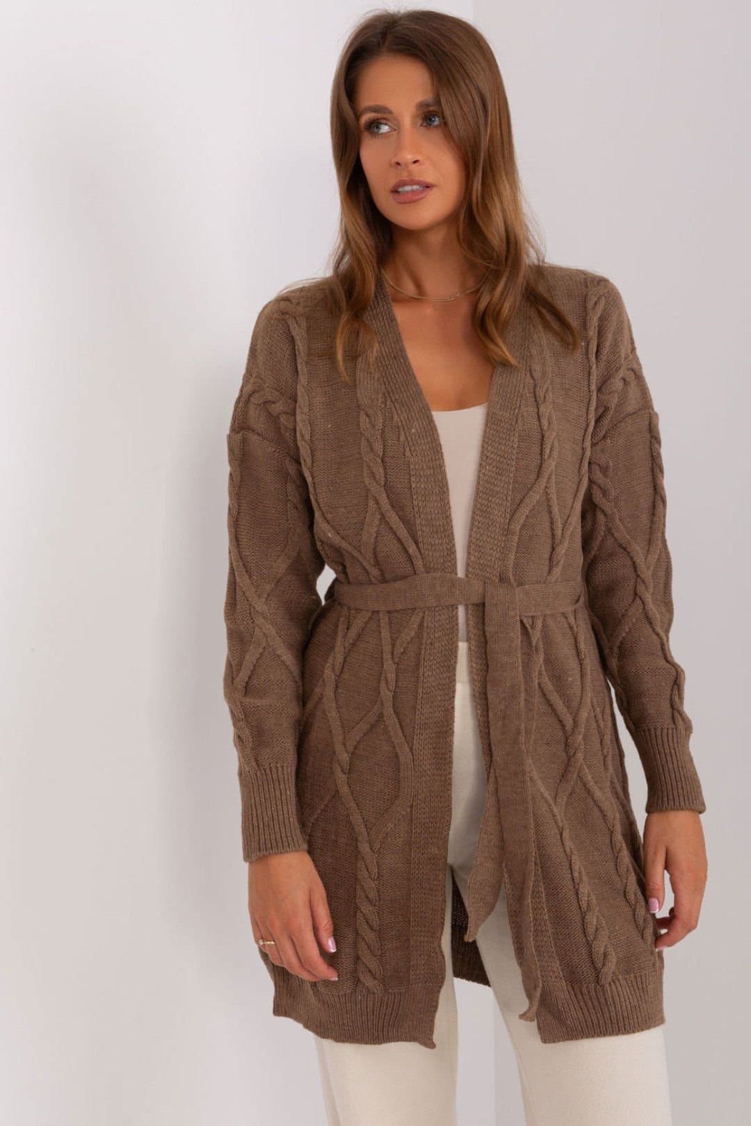 Love Lace Love Lace Women's Variegated Plaid Tie Belt Cardigan in Brown