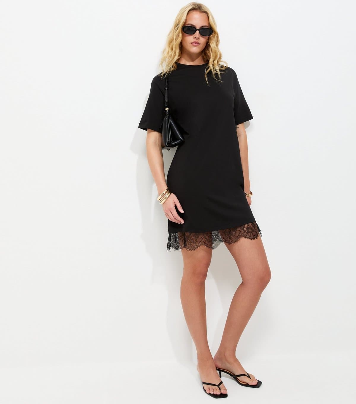 New Look Women's Tall Black Cotton Lace Trim T Shirt Dress New Look