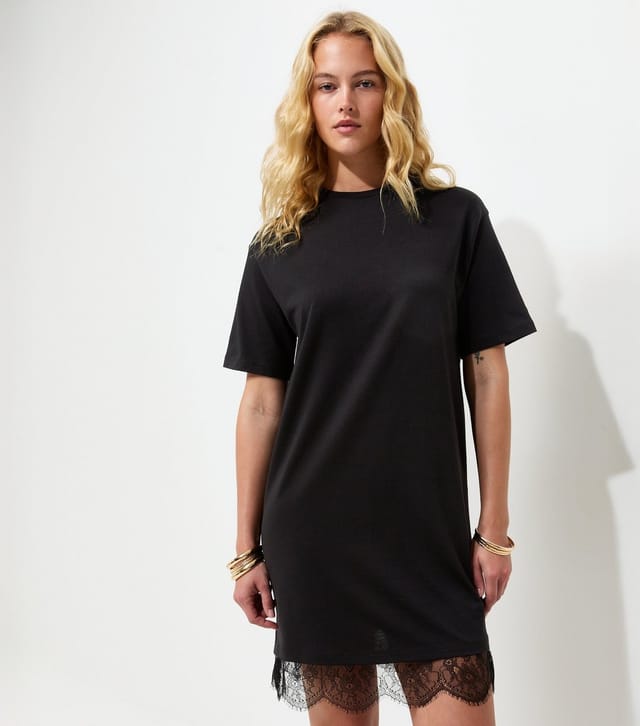 New Look Women's Tall Black Cotton Lace Trim T Shirt Dress New Look - 3