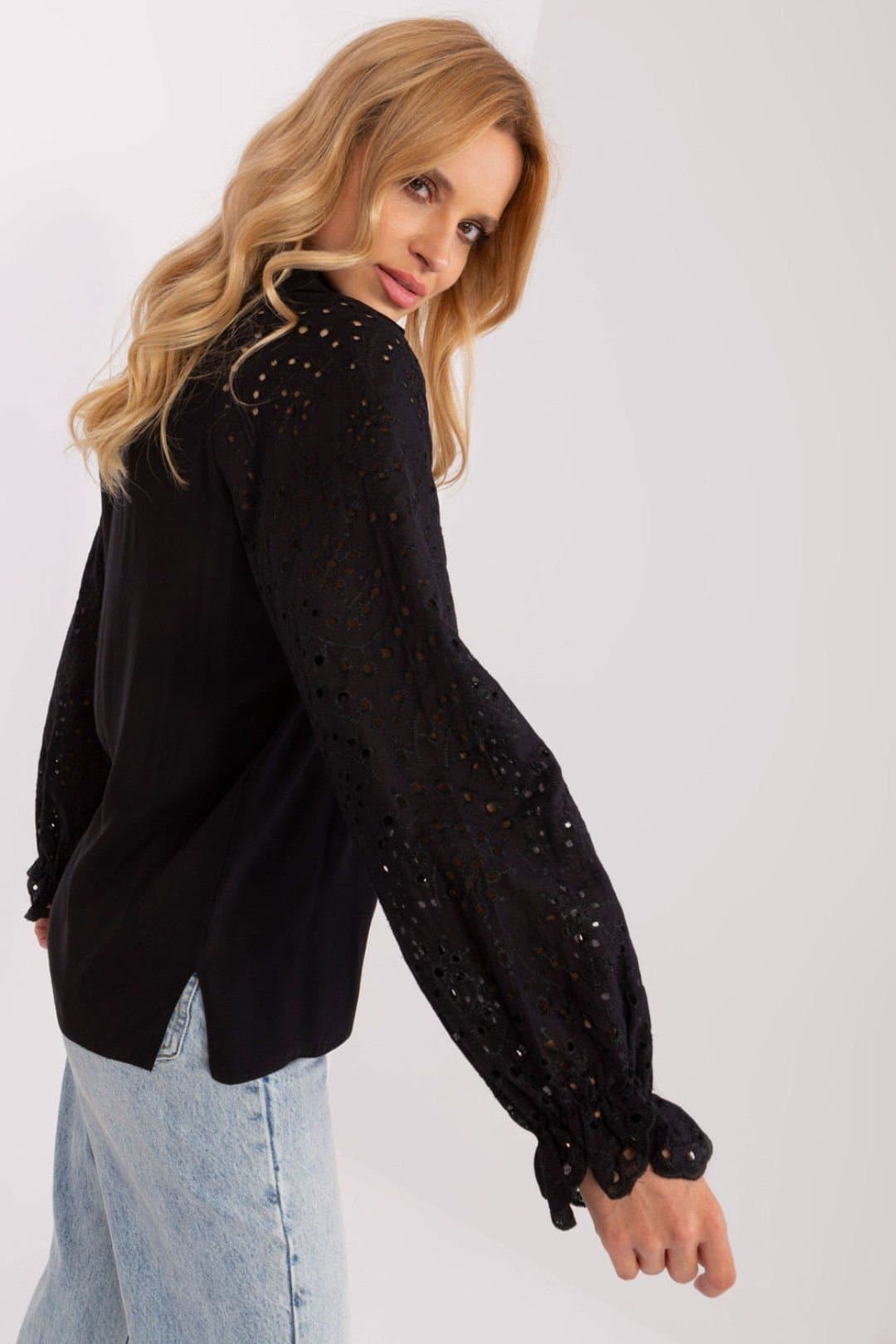 Love Lace Love Lace Black Openwork Long Sleeve Blouse